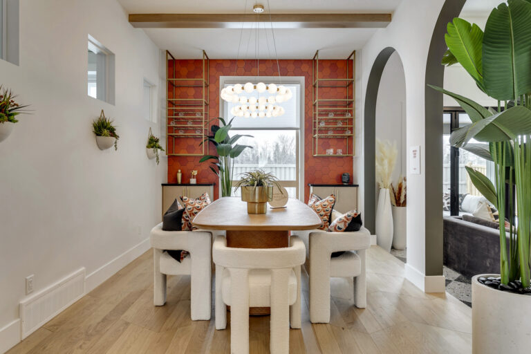 Home interior Custom orange tile in dining area
