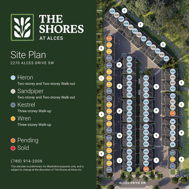 Overall site plan of The Shores at Alces multi-family housing development, indicating availability of units as of September 9, 2026.